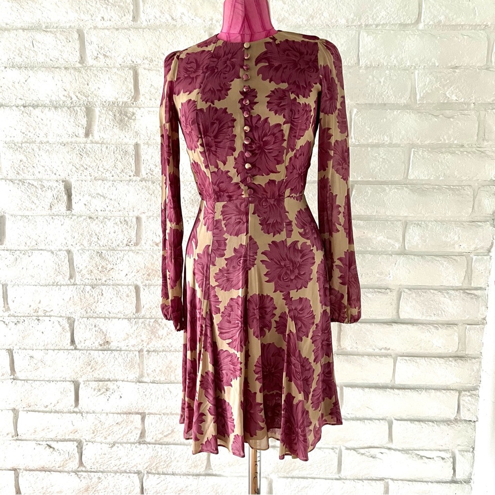 Reformation Long Sleeve Dress with Floral Design - Maroon and Tan